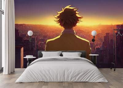 Anime man looking in the distance at sunset. Manga style digital artwork. Hopeful young character. Emotional man thinking. Person in love being sad and depressed. Cartoon illustration. Man in a suit. Wall mural