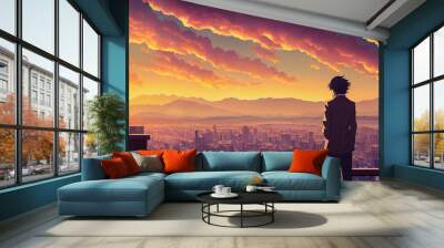 Anime man looking in the distance at sunset. Manga style digital artwork. Hopeful young character. Emotional man thinking. Person in love being sad and depressed. Cartoon illustration. Man in a suit. Wall mural