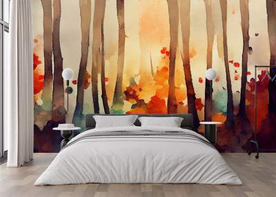 Autumn forest watercolor painting. Tree trunks and colorful dead leaves on the ground.  Wall mural