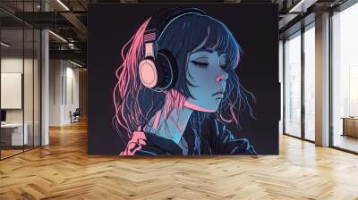 Beautiful anime girl listening to lofi hip hop music with headphones. Manga, cartoon drawing. Wall mural