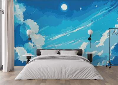 Beautiful blue sky with clouds. Clouded sky. Calm relaxing wallpaper. Cartoon drawing of flat beautiful environment. Sunny day. Blue peaceful wallpaper. Graphic design of cloudscape. Weather art. Wall mural