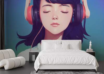 Beautiful drawing of a cute girl listening to lofi beats. Manga, anime illustration. Lo-fi inspired girl studying. Cute lady with a headset. Gaming girl. Young streamer with pastel colors. Studio art Wall mural