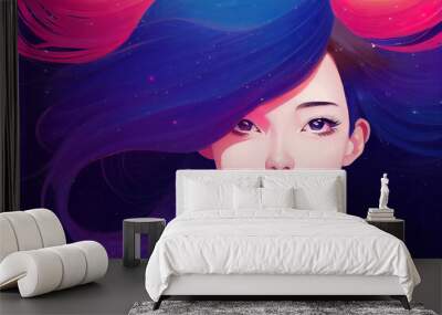 Beautiful mesmerizing girl. Digital art drawing. Floating surreal woman in space. Portrait of comic girl character with fashion colors. Attractive pretty fantasy face. Manga style. Wall mural