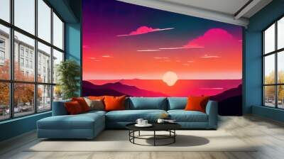 Beautiful red and orange sunset. Painting of a colorful sunrise. Drawing of a sky with clouds and the sun. Simple elegant background. Empty, sad, beautiful, happy feelings. Cartoon digital painting.  Wall mural