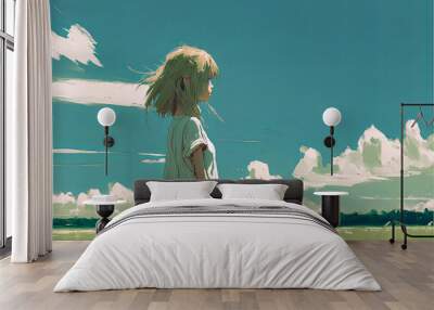 Beautiful young anime girl in the fields. Green summer scene of manga woman in the grass looking in the distance. Summer, spring love. Atmospheric. Painting of nature with blue sky and clouds. lofi Wall mural