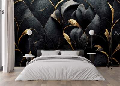 Black and gold, luxury background, floral shapes, black silk texture with golden motifs, 4k abstract luxurious design, 3D render, 3D illustration Wall mural