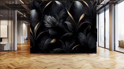 Black luxury cloth, silk satin velvet, with floral shapes, gold threads, luxurious wallpaper, elegant abstract design Wall mural