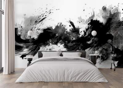 Chinese ink black and white abstract wallpaper. Simple minimal banner of brush strokes. Artistic japanese painting. Tradition zen banner. Splash of paint. Card paper with dark isolated stains texture Wall mural