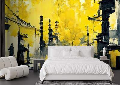 Chinese ink painting. Yellow and black colors, 4k wallpaper, background. Traditional  asian artwork. Landscape, hills, flowers, village. Autumn feeling on textured paper. Wall mural