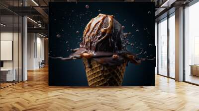 Chocolate ice cream against a dark background. The dessert, delicious and creamy, homemade treat, perfect for a hot summer day. Freshness of dairy and the rich flavor of chocolate. Generative AI. Wall mural