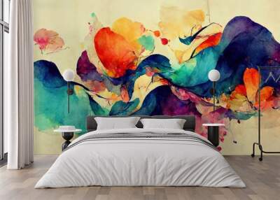 Colorful watercolor with abstract shapes and forms on yellow, brown paper. Water paint texture, water splatter, textured background in 4k. Artistic multicolor design with a rough vintage look. Wall mural