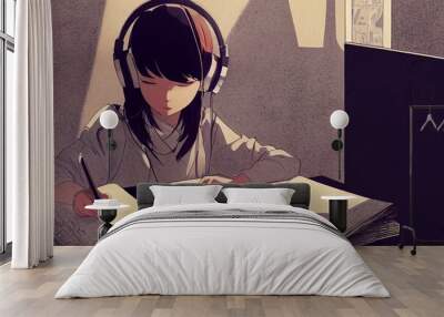 Cute girl studying and listening to music. Pretty young woman working with headphones. Chill, lofi, relaxing music. Beautiful work environment. Study beats. Wall mural