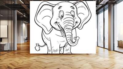 Cute happy cartoon elephant outline vector illustration.Adorable zoo animal for coloring book. Children school education. Contour sketch doodle. Isolated funny baby character. Fun drawing for kids  Wall mural