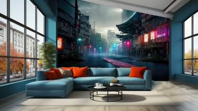 Cyberpunk japanese streets, asian street illustration, futuristic city, dystoptic artwork at night, 4k wallpaper. Rain foggy, moody empty future. Wall mural