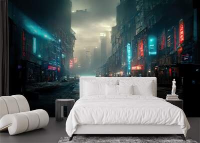 Cyberpunk streets illustration, futuristic city, dystoptic artwork at night, 4k wallpaper. Rain foggy, moody empty future. Evil buildings Wall mural