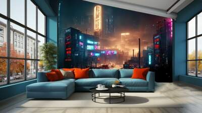 Cyberpunk streets illustration, futuristic city, dystoptic artwork at night, 4k wallpaper. Rain foggy, moody empty future. Evil buildings Wall mural