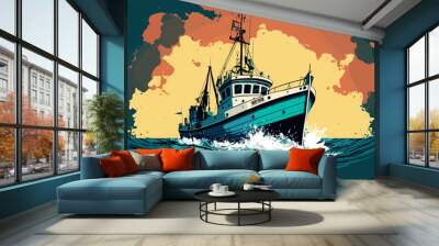 Fishing boat. Vector art illustration of boat on water. Ship floating on the sea. Marine vessel on the ocean. Fishing industry.  Motor boat. Vintage sketch of people fishing fishes. Isolated graphics Wall mural