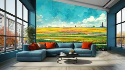 Flower fields painting. Colorful drawing of netherlands flower harvest fields. Red, green, orange watercolor. 4K Landscape, background, wallpaper. Wall mural