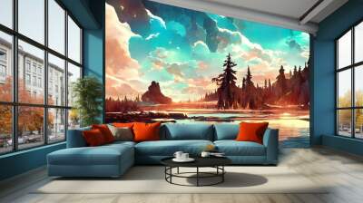 Forest and mountains digital painting. 4K background, wallpaper of forest, trees, pines, clouds, mountains and sunset over a lake. Beautiful drawing, sketch of digital nature landscape. Wall mural