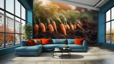 Freshly harvested carrots embody the essence of organic agriculture, grown in healthy soil with the nurturing of nature, and celebrated for their raw, natural goodness. Generative AI.  Wall mural