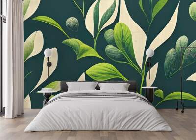 Green plant and leafs pattern. Pencil, hand drawn natural illustration. Simple organic plants design. Botany vintage graphic art. 4k wallpaper, background. Simple, minimal, clean design. Wall mural