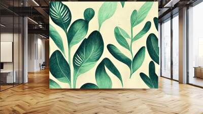 Green plant and leafs pattern. Pencil, hand drawn natural illustration. Simple organic plants design. Botany vintage graphic art. 4k wallpaper, background. Simple, minimal, clean design. Wall mural