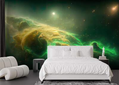 Green space nebula 3d render. Galaxy sky background. Fantasy abstract green texture of the universe. Dark cloud of cosmos. Constellation of stars. Outer space. Celestial starry milky way. Solar gas Wall mural