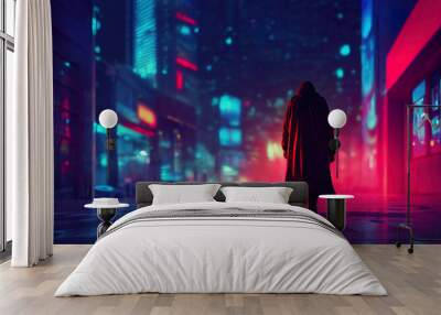 Hooded man walking in futuristic city. Rainy cityscape. Cyberpunk, neon buildings. Lonely, sad feeling. Empty streets. Digital painting of dystopic futur.  Wall mural