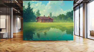 House near a lake. Calm, peaceful wooden house in nature. Beautiful digital painting, atmospheric, happy, relaxing feeling. Small cabin, lodge in the woods. Wall mural