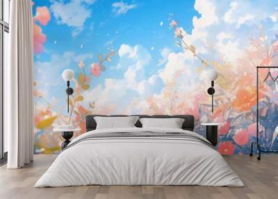 Japanese landscape, colorful sky. Vibrant flowers bloom, symbolizing nature's beauty. Anime-inspired artwork captures the essence of Japan's culture and seasons. Perfect for backgrounds, postcards. Wall mural