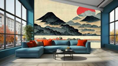 Japanese Ukiyo-e, landscape, art prints. Oriental artistic painting. Japanese landscape. 4k wallpaper, background. Mountains clouds and trees with red sun. Wall mural