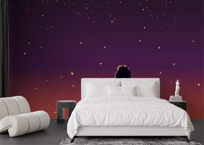 Kid dreaming illustration. Kid looking at the stars. Child imagination.  Young happy person thinking in the night. Vector art of childhood. Having ideas under colorful sky. Beautiful life of education Wall mural