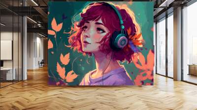 Lofi girl illustration. Young woman looking in the distance. Cartoon drawing of chill relaxed lady. Atmospheric drawing. Happy hiphop lady listening to music headphone. Calm soothing light in nature.  Wall mural