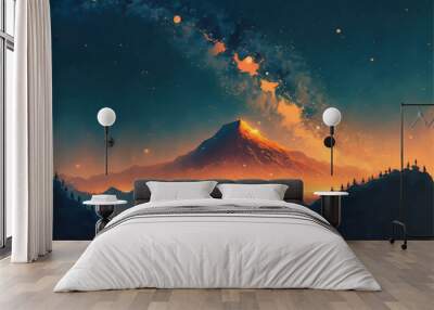 Milky way over the mountain. Fantasy magical landscape. Vector art painting of hand drawn scenery. Concept art for video games. Moody and romantic night sky. Stars and snowy mountains. Nature forest. Wall mural