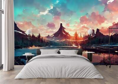 Mountain and trees landscape. Digital painting. 4K wallpaper, background. Pink sunset, clouds, lake, reflections.  Wall mural