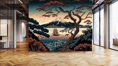 Old japanese illustration drawing. Ukiyo-e traditionnal painting. Nature landscape on vintage paper. Historical retro style. Mount fuji with japanese temples and trees. Beautiful oriental ukiyoe art. Wall mural