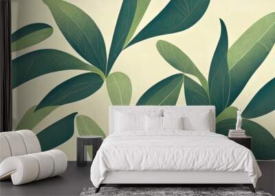 Organic green leaf texture. Abstract pattern of graphic vegetal leaves. Healthy organic, natural feeling. Stylized 4k background, backdrop illustration. Pastel colors. Wall mural