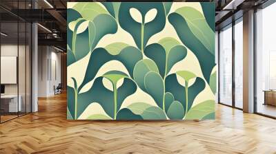 Organic green leaf texture. Abstract pattern of graphic vegetal leaves. Healthy organic, natural feeling. Stylized 4k background, backdrop illustration. Pastel colors. Wall mural