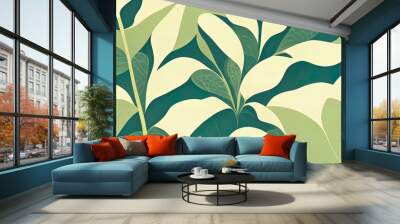 Organic green leaf texture. Abstract pattern of graphic vegetal leaves. Healthy organic, natural feeling. Stylized 4k background, backdrop illustration. Pastel colors. Wall mural