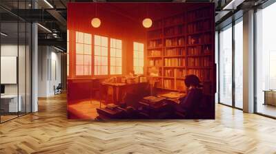 Peaceful, calm relaxing library. Atmospheric light at sunset shining inside an office, workplace. Beautiful light in a room filled with books. Lofi manga anime style workstation. Cartoon digital art. Wall mural