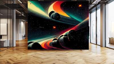 Retro futuristic, space wallpaper. 4K vintage background, colorful vintage abstract galaxy illustration. Colorful planets, spaceships flying through the galaxy.  Wall mural