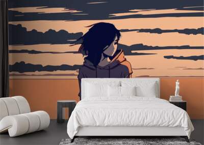 Sad girl on a bench. Artwork of an emotional woman being depressed. Anxious, stressed lady Heartbroken, crying woman. Sunset on a bench artwork. Vector illustration of an unhappy woman. Mental health Wall mural