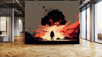 Silhouette of soldier on battlefield. Warzone. Military man on desolated area. Vector illustration of explosion and destruction. Modern war, burning landscape. Black smoke. Apocalypse. Infantry troops Wall mural