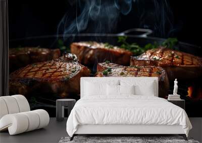 Sizzling pork chops on a grill against a dark backdrop. Juicy meat, seasoned with rosemary and spices, cooked to perfection. Generative AI. Wall mural