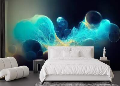 Small microscopic molecule. Technology, biology abstract organisme seen under microscope. Futuristic laboratory research illustration. Science background. 3d render of blue particles floating. Wall mural