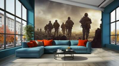 Soldiers walking on the battlefield. Illustration of the army on the move. Post apocalyptic, post war image. Sad dramatic scenery. Soldier, footman infantry walking. Wall mural