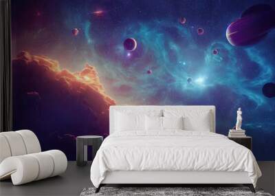 Space digital artwork. Surreal fantasy cosmos. Nebula with planets and stars. Sci-fi elements. Glowing technology. Dark colorful universe. Concept of asteroids with moons and rocks. Black hole, sun. Wall mural