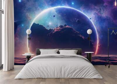 Space digital artwork. Surreal fantasy cosmos. Nebula with planets and stars. Sci-fi elements. Glowing technology. Dark colorful universe. Concept of asteroids with moons and rocks. Black hole, sun. Wall mural