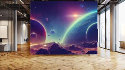 Space digital artwork. Surreal fantasy cosmos. Nebula with planets and stars. Sci-fi elements. Glowing technology. Dark colorful universe. Concept of asteroids with moons and rocks. Black hole, sun. Wall mural