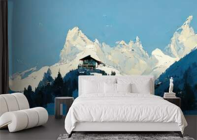 Swiss mountains snowy ski resort. Chalet during winter. Blue sky. Digital painting of mountains. Switzerland, travel landscape.  Wall mural